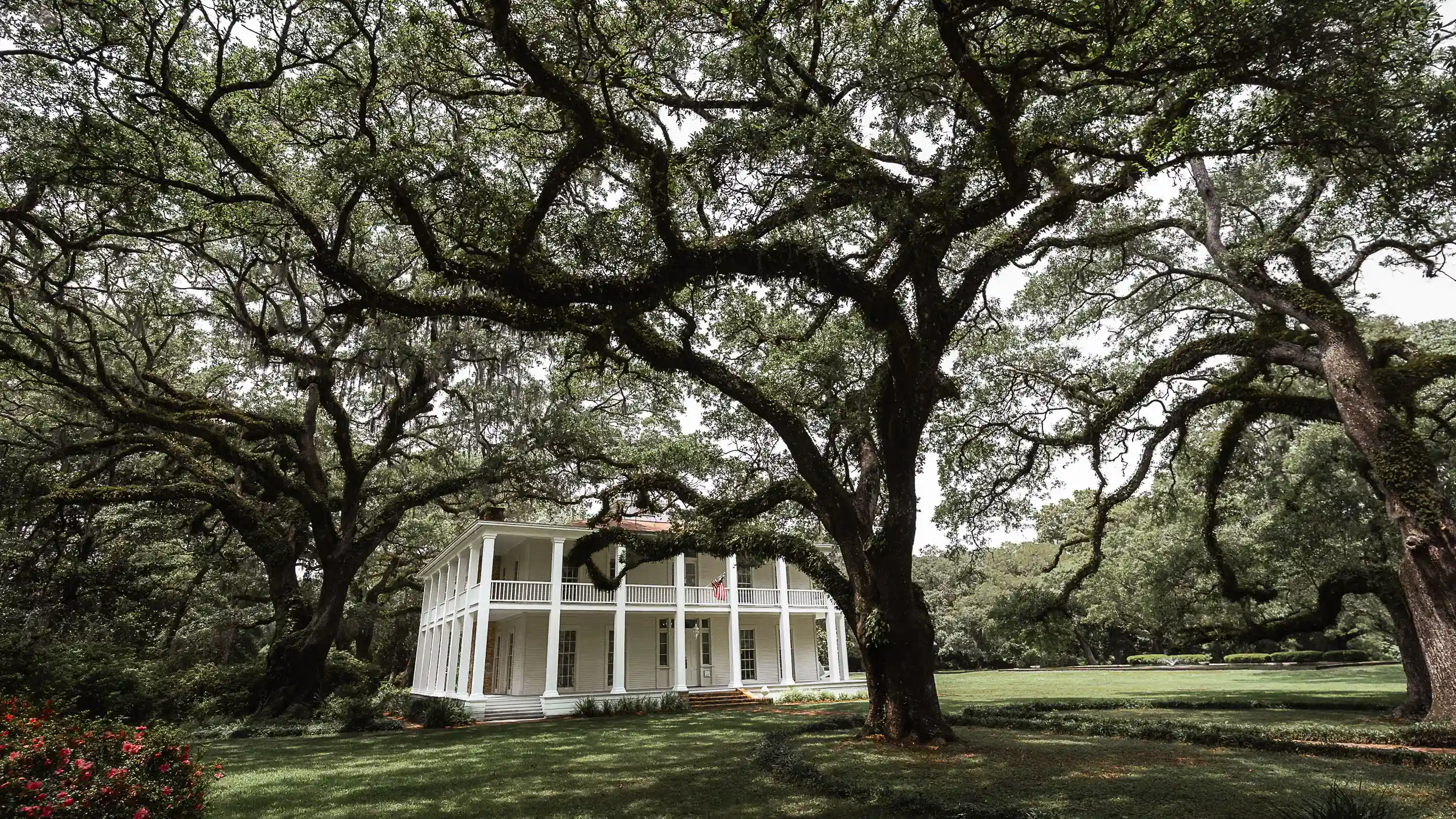 Historic Wesley House surrounded by live oaks, magnolia trees, and blooming rose gardens at Eden Gardens.