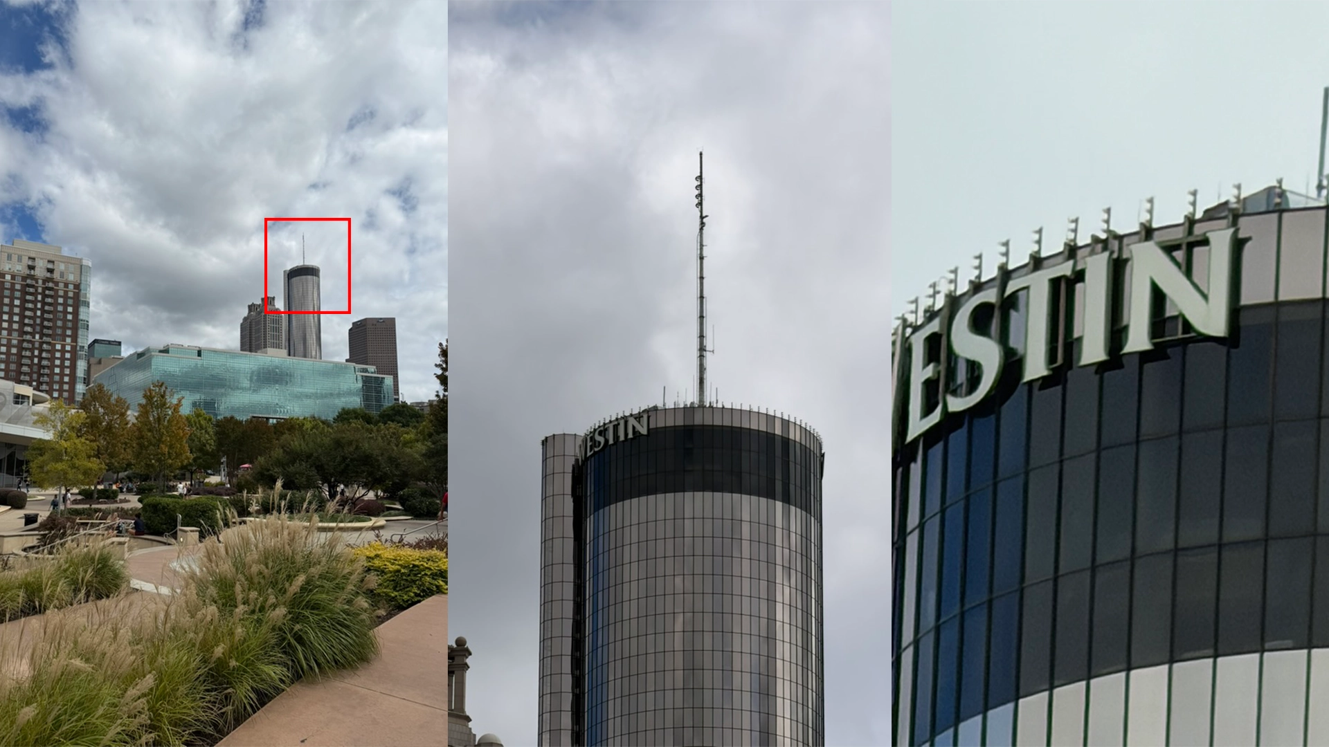 Three iPhone 17 Pro Max photos showing progressive zoom from 24mm wide angle to 200mm telephoto to 1049mm maximum zoom.