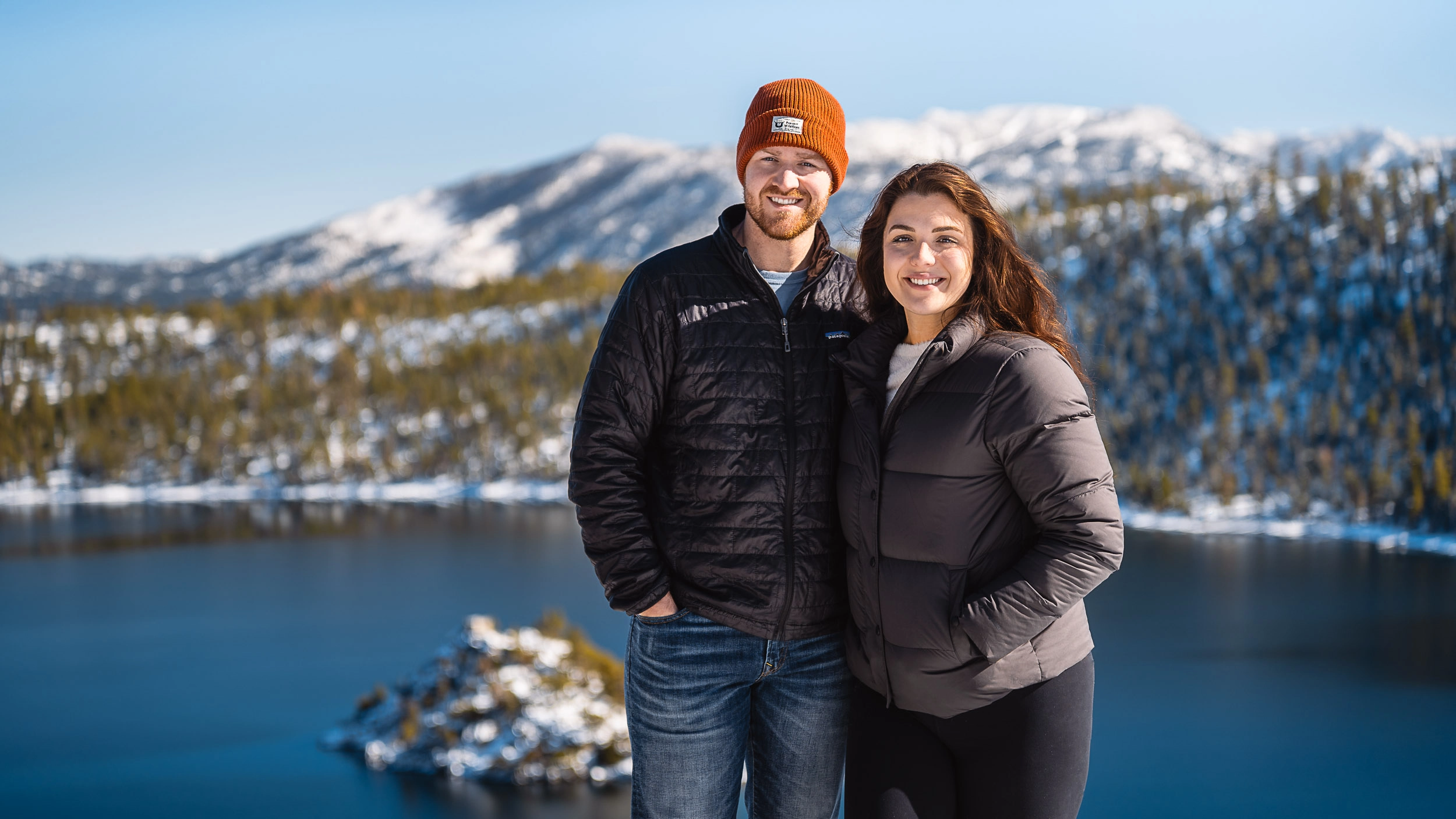 Winter portrait at Emerald Bay overlooking snowy Lake Tahoe and Fannette Island.