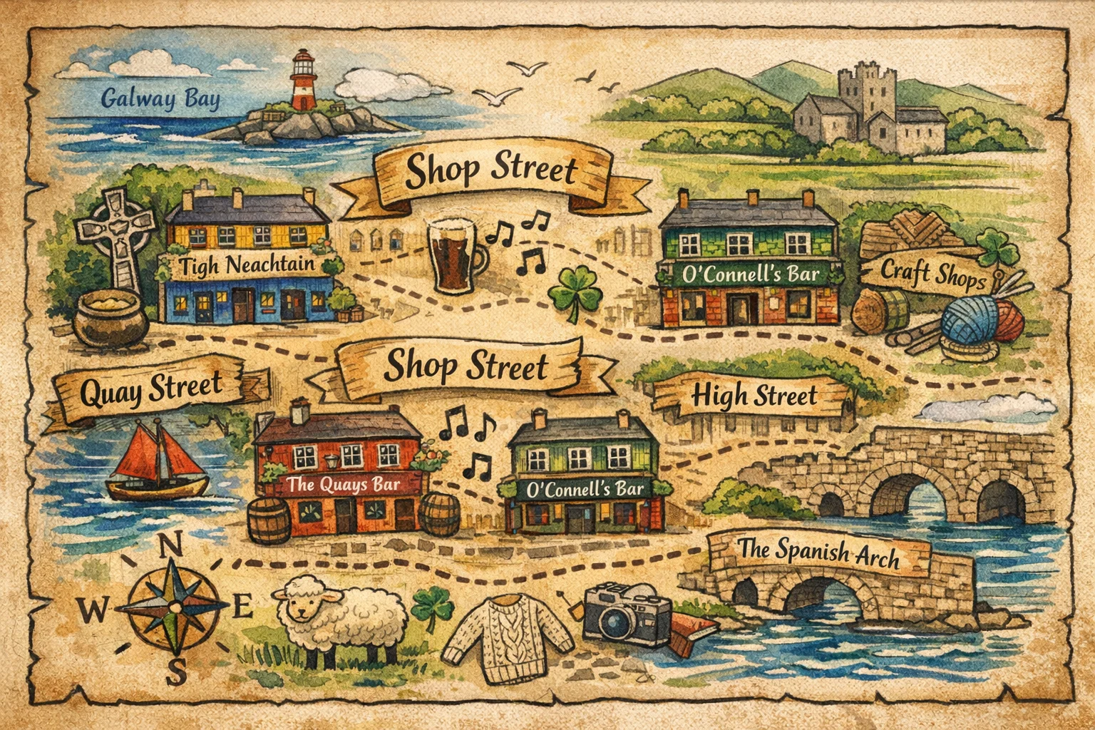 Things to do in Galway featuring Quay Street, the Spanish Arch, Galway Bay, and local pubs